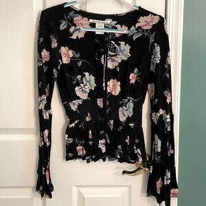 American Rag Black Floral Bell Sleeve Blouse